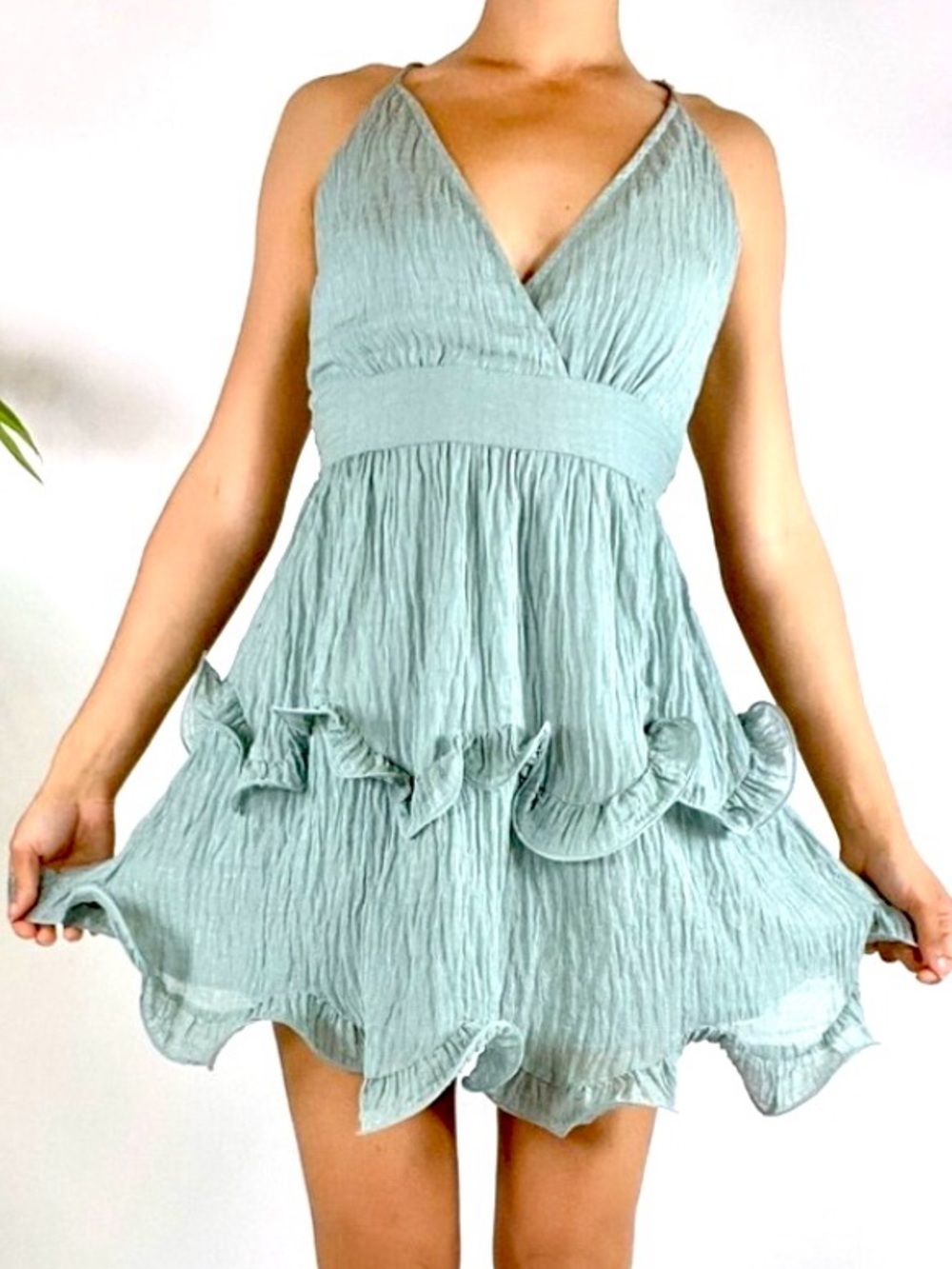 Hello‎ Molly Sage Green Ruffle Babydoll CottagecoreV-Neck Mini Dress-Size Medium